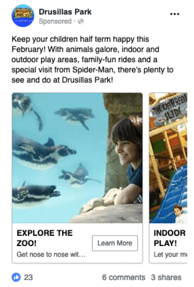 Facebook ad copy of zoo and theme park