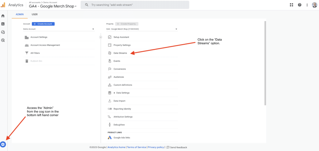 GA4 admin and data streams