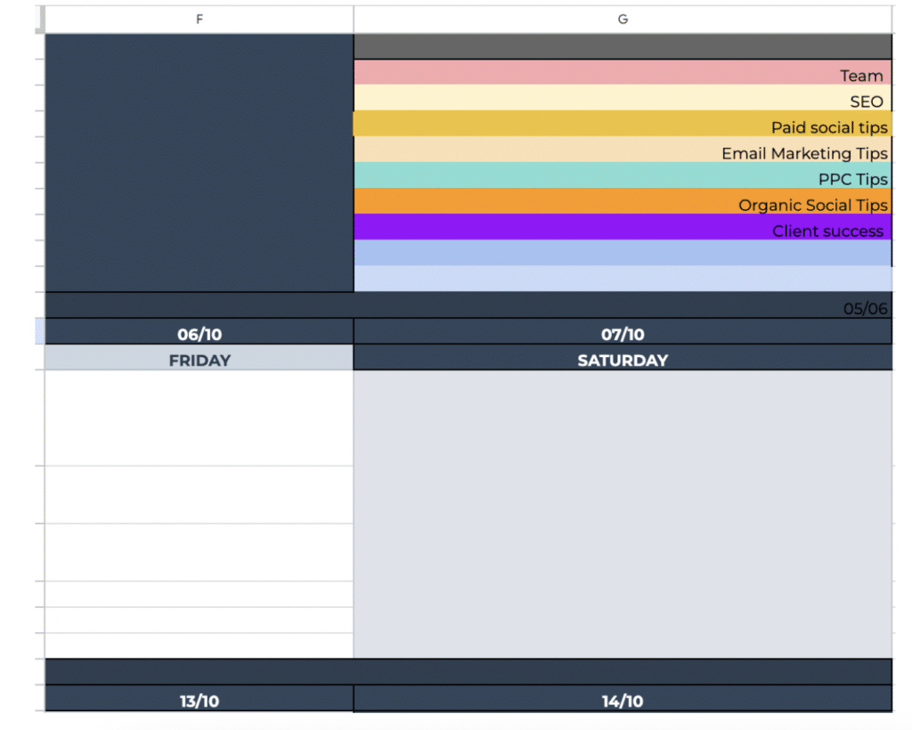 Calendar for content pillars