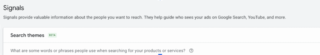 Screenshot of the 'Search Themes' section in Google Ads Performance Max campaign setup.