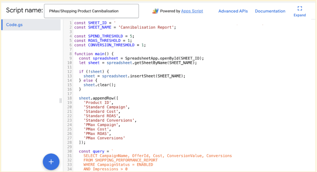 Screenshot of a custom script that checks for product overlap between Standard Shopping and Performance Max campaigns, flags potential cannibalisation, and exports results to Google Sheets.