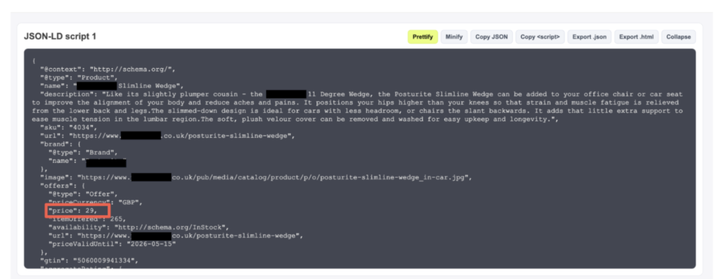 JSON-LD schema markup screenshot for the same product (Image from author, June 2026)
