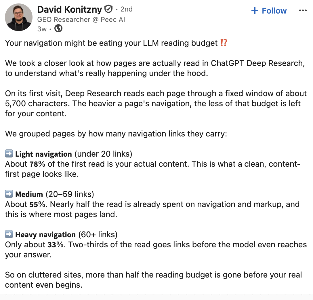 linkedin post by david konitzy on navigation eating LLM budget