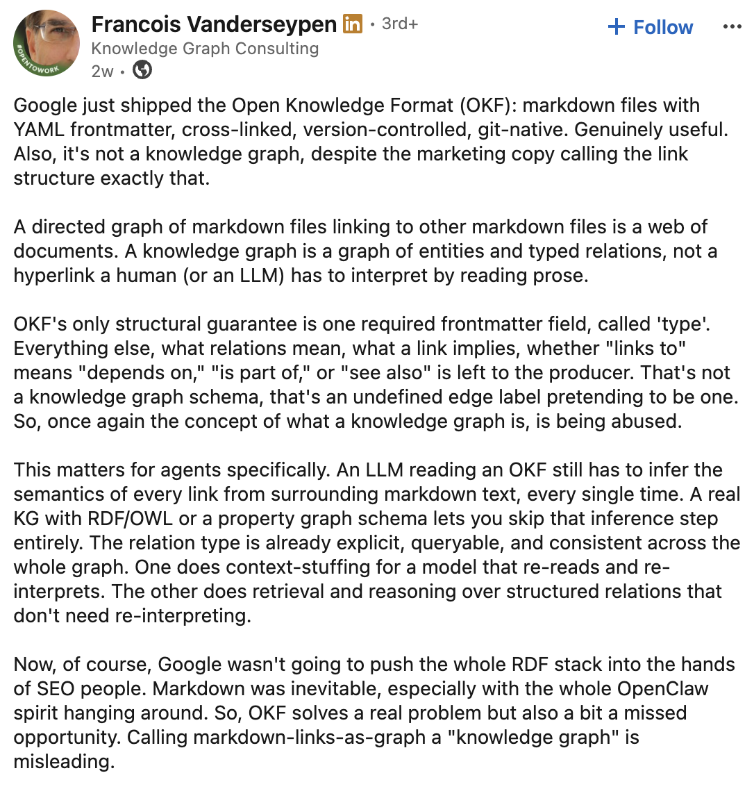 LinkedIn post by Francois Vanderseypen on why OKF isn’t a true knowledge graph